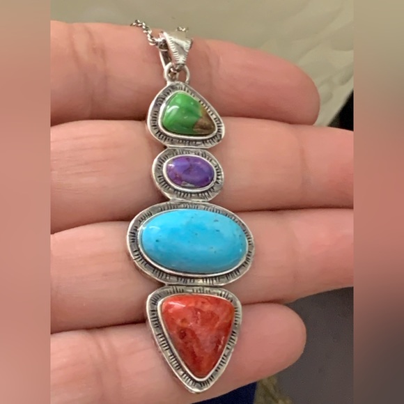 Designer NF 925 Sterling Silver Multicolor Stone Pendant  Necklace - 18” - Picture 12 of 13